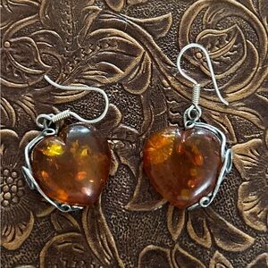 925 Heart Amber Drop Earrings — Amber Brown Heart Dangles